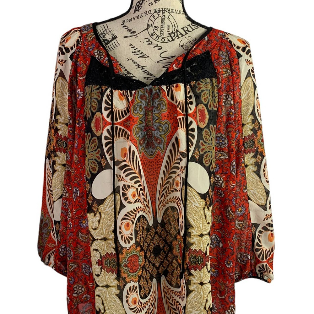 Anthropologie Fig and Flower Womens Size Large Boho Peasant Blouse Floral Sheer